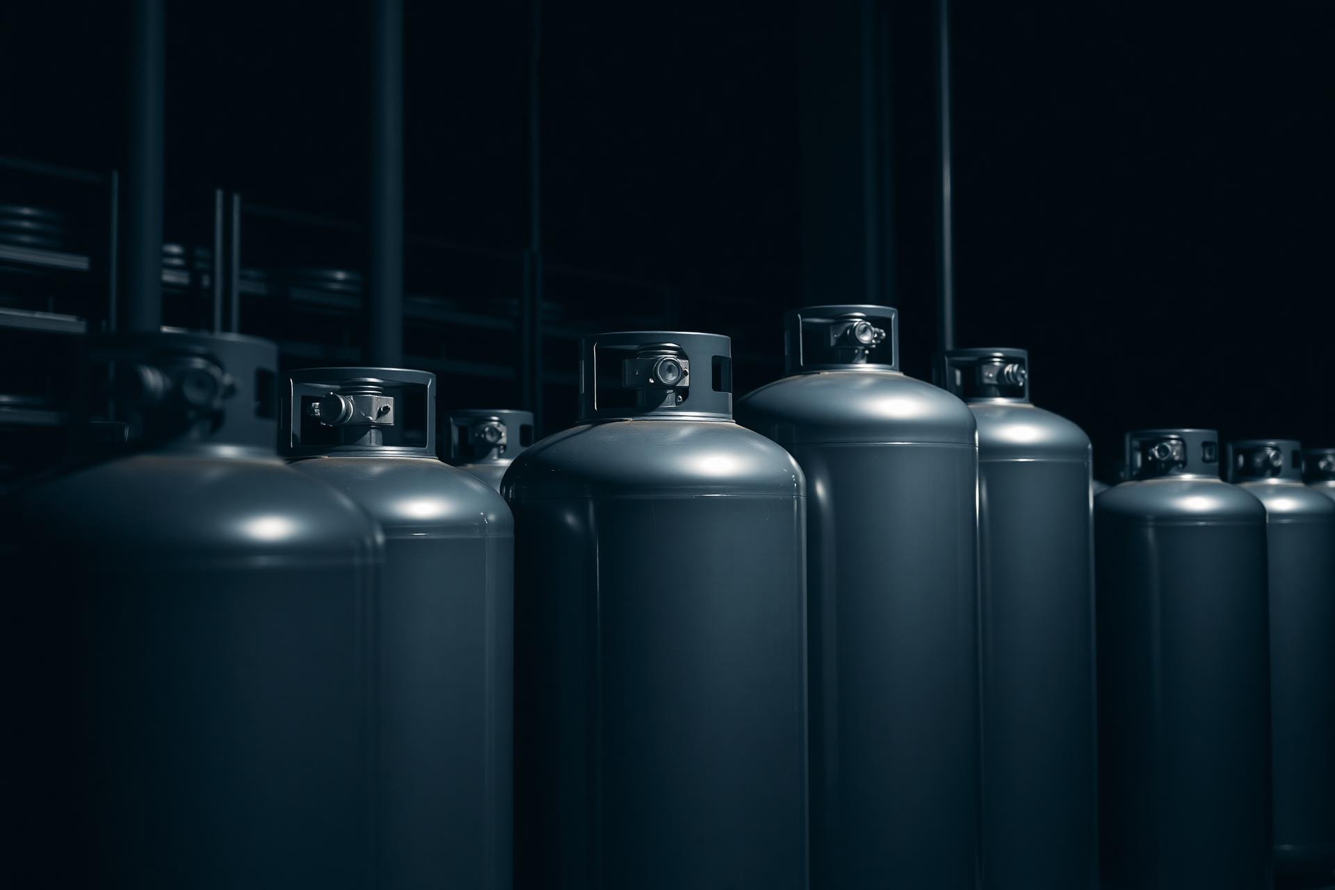 Botellas industriales de gas refrigerante en almacén Freonity